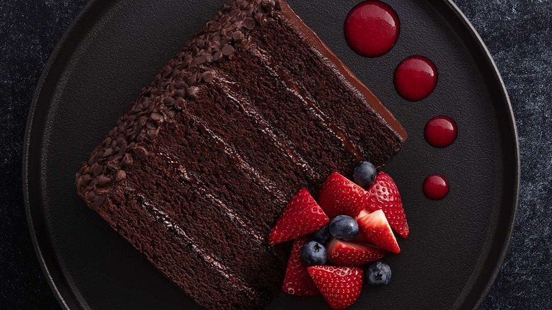 Chocolate cake on plate with fruit and raspberry sauce drops