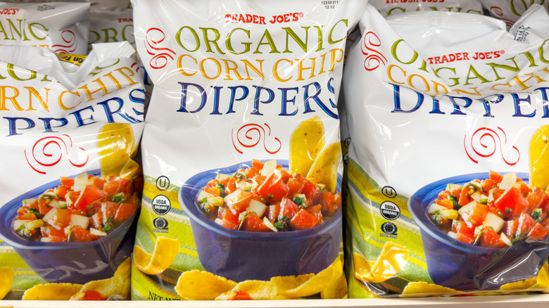Bags of Trader Joe's organic corn chip dippers