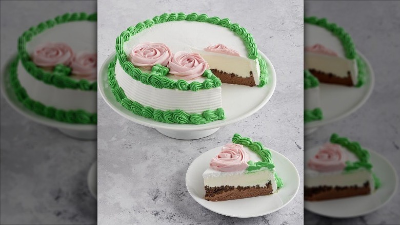 Sliced Mother's Day ice cream cake on cake stand