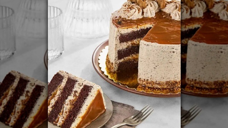 Sliced brown butter cookie caramel crunch cake on counter