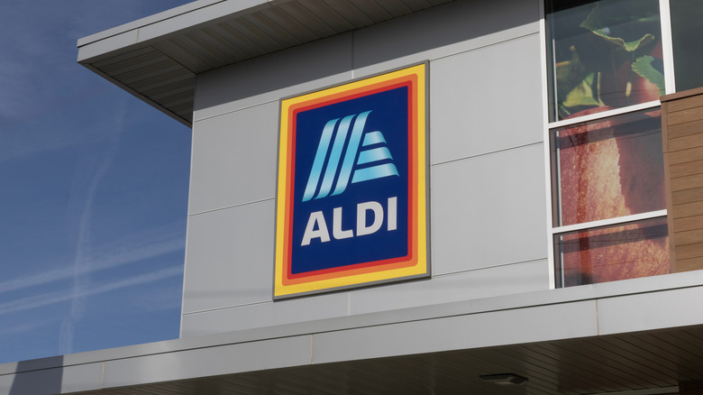 Aldi store exterior, displaying its logo