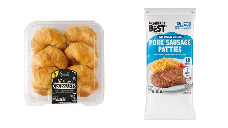 Aldi's Butter Croissants and Breakfast Sausage Patties against a white background.