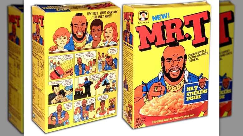 The front and back view of a Mr. T cereal box on a white background