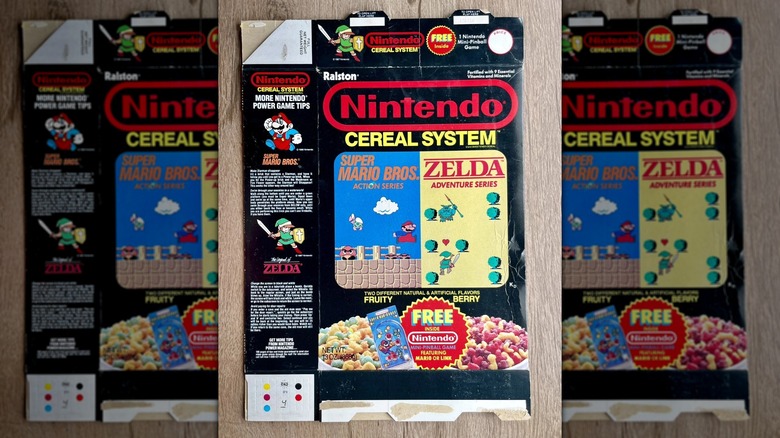 A flattened Nintendo Cereal System box lying on a wooden table
