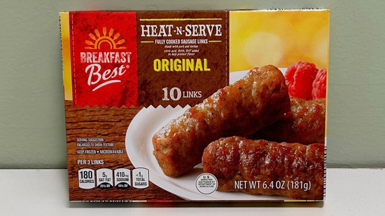 A box of Breakfast Best Heat-n-Serve Original Sausages