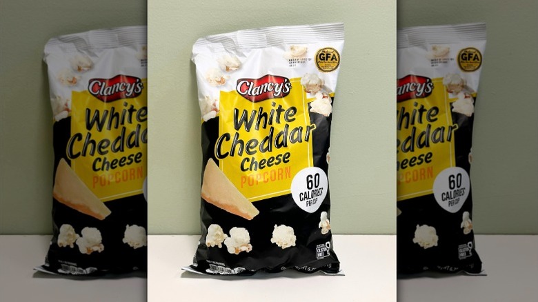A bag of Clancy's White Cheddar Cheese Popcorn