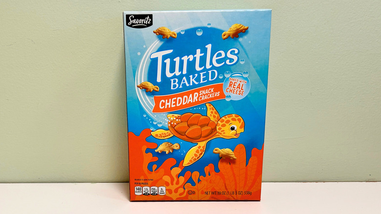 A box of Savoritz Turtles Baked Cheddar Snack Crackers