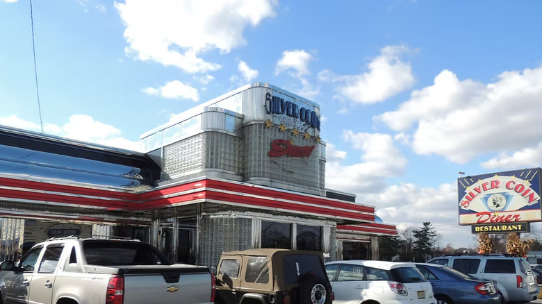 Exterior of the Silver Coin Diner in Hammonton against a bright blue sky with white clouds