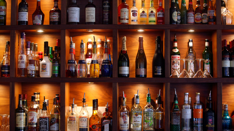 Alcohol on shelves in bar