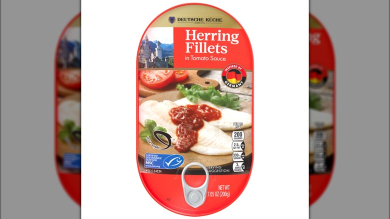 A can of Deutsche Küche Herring Filets in Tomato Sauce