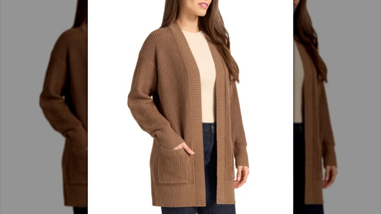 Model wearing Max & Mia Cardigan from Costco