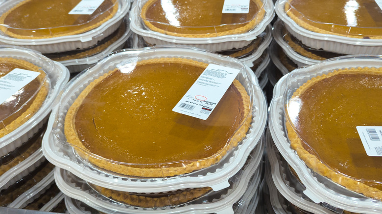 Stacks of Costco pumpkin pies