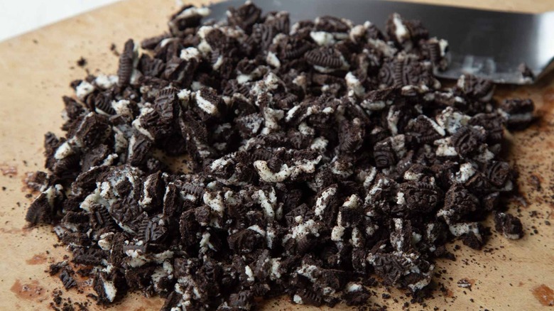 chopped Oreos on a wooden board