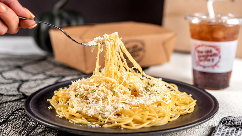 The Mizithra Pasta from Old Spaghetti Factory and drink