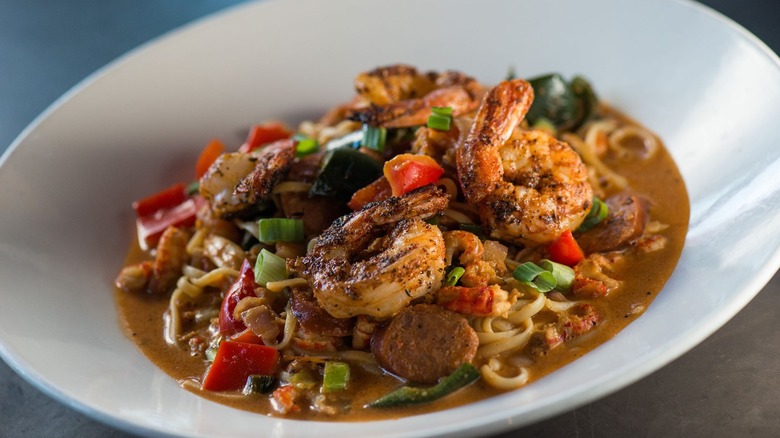 Yard House's jambalaya pasta in a white bowl