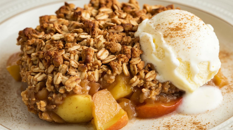 Apple crisp served with vanilla ice cream