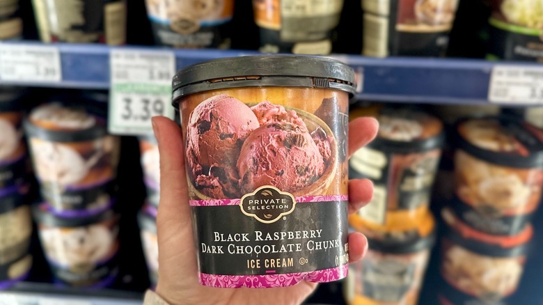 Hand holds up pint of black raspberry dark chocolate chunk ice cream