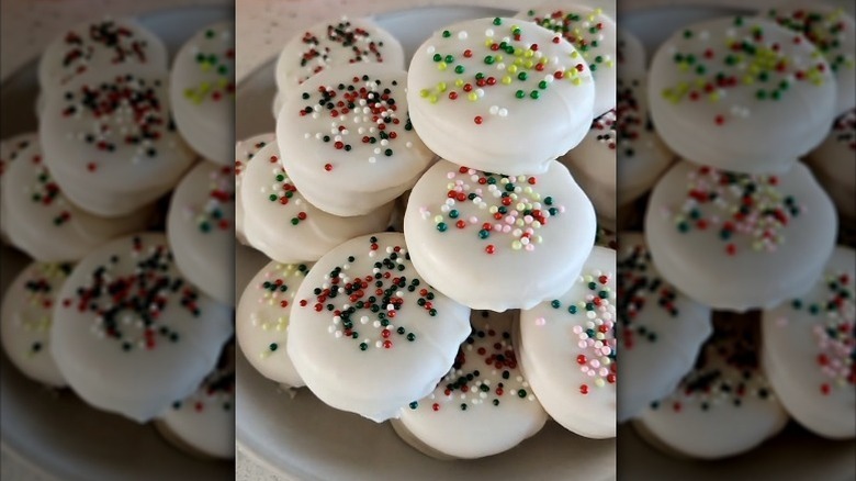 Chocolate covered cracker sandwiches on plate