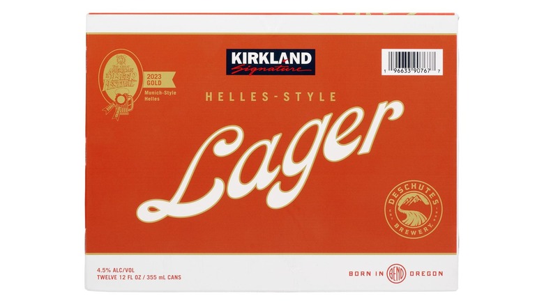An orange case of Kirkland Lager