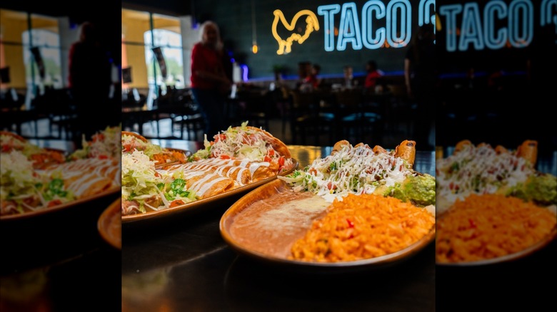 View of Taco Giro combos with part of the restaurants neon sign in the background