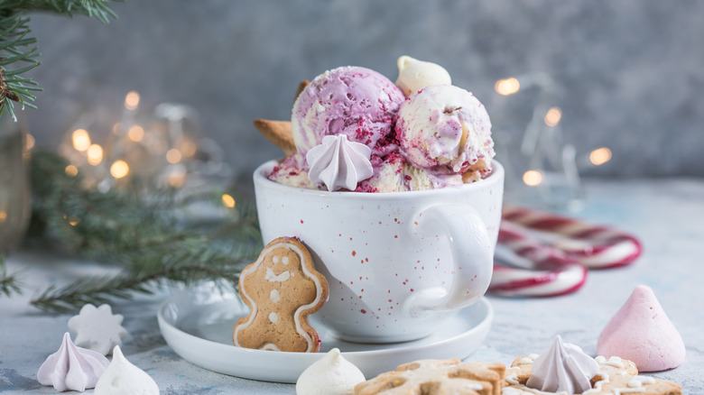 Ice cream in white bowl in holiday setting
