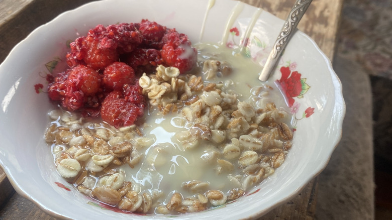 A bowl of oatmeal with sweetened condensed milk and raspberries in it