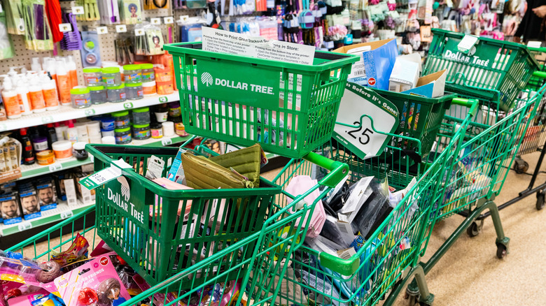 Dollar Tree carts and baskets filled with clearance items