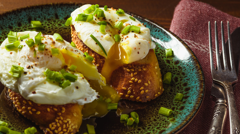 Poached eggs on a baguette