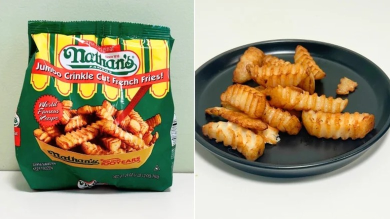 A bag and bowl of Nathan's Famous frozen fries