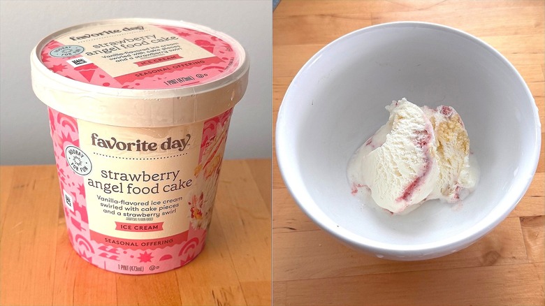Favorite Day strawberry angel cake ice cream in tub and bowl