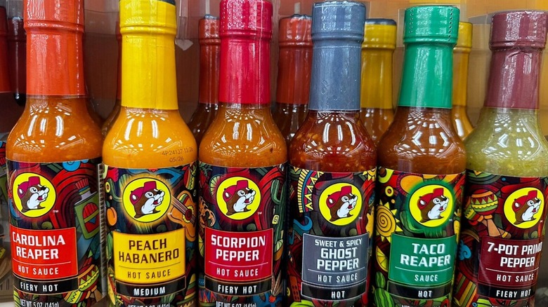 Bottles of Bucc-ees hot sauces
