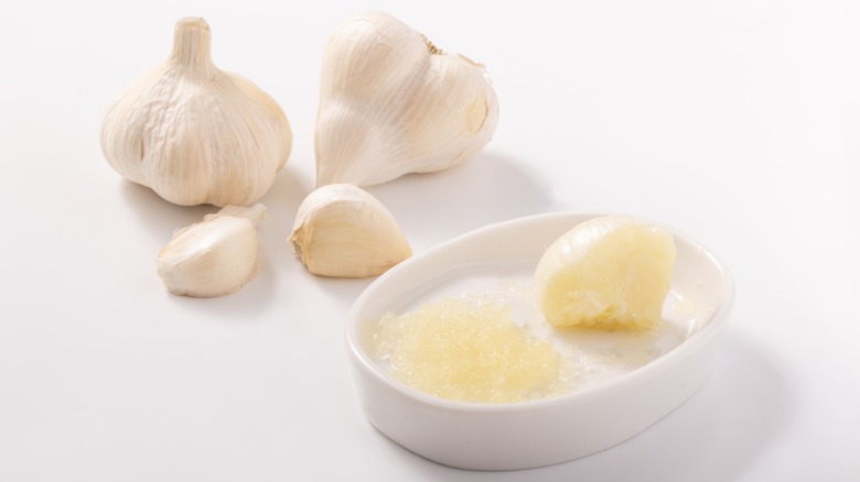 Grated garlic in a dish next to whole garlic.