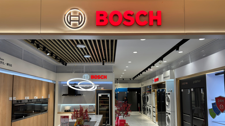 Bosch sign on an appliance store hangs over an appliance store.