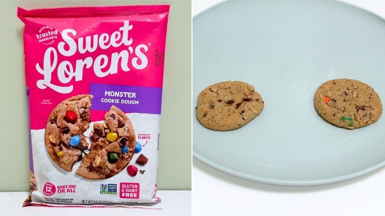 Sweet Loren's gluten-free Monster cookie dough next to two cookies on a plate