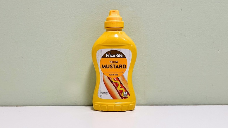 Bottle of Price Rite mustard on a white counter