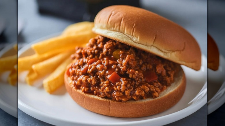 Two Sloppy Joes on buns on a granite surface with a black background