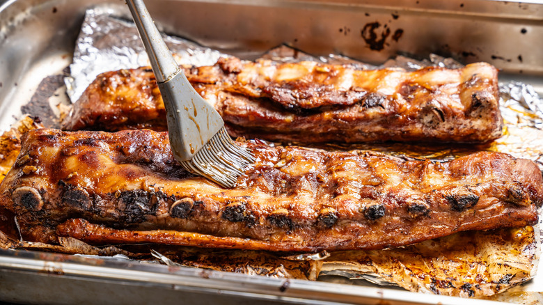 Pork ribs brushed with barbecue glaze