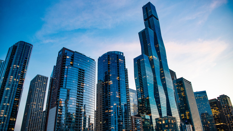 Chicago skyline, showing various skyscrapers against a blue sky