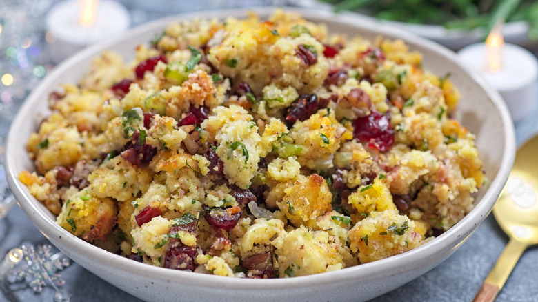 Stuffing with nuts and cranberries in a bowl