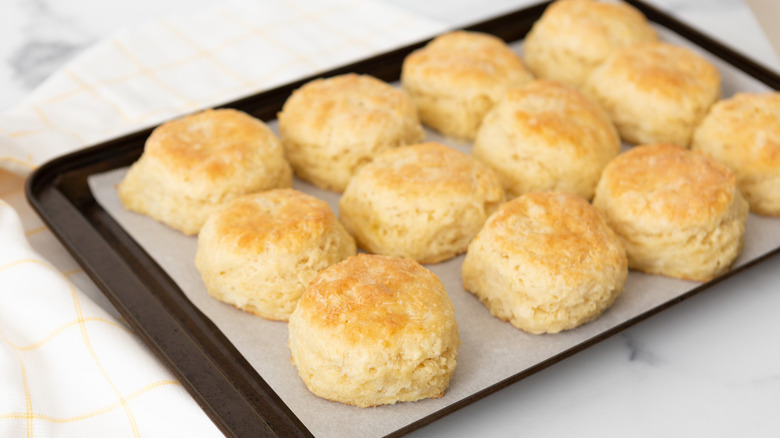 Tray of freshly baked buttermilk biscuits