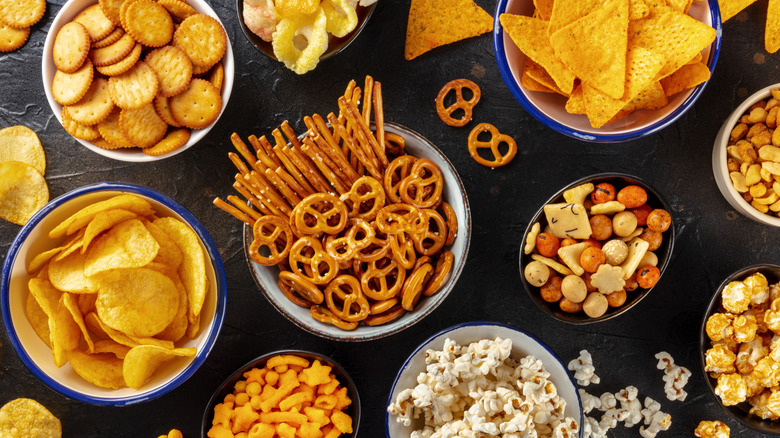 Variety of snacks on table