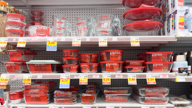 shelf full of pyrex products