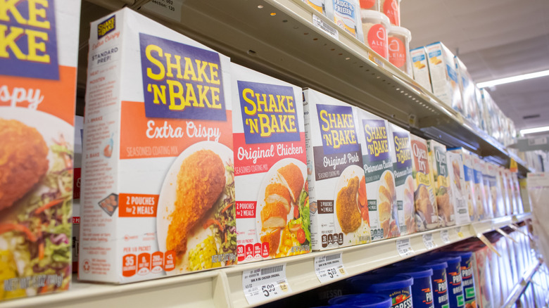 Shake-N-Bake boxes on a grocery store shelf