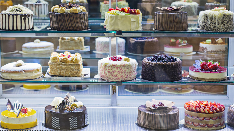 Various cakes on display.