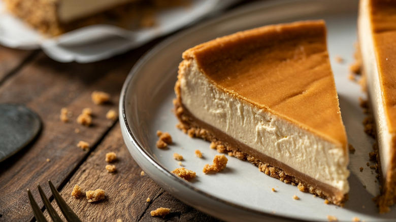 A slice of pumpkin cheesecake on a white plate with crumbles around it on a wooden table.