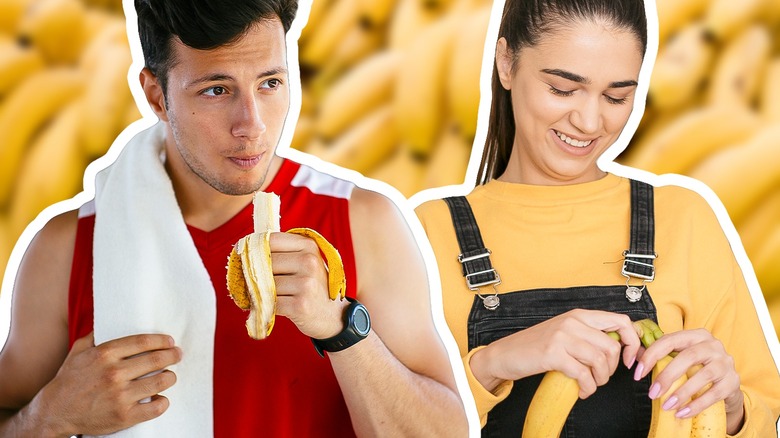 Man and woman eating banana