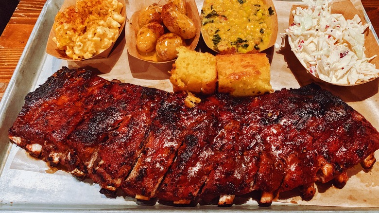 Spread of BBQ meat and sides