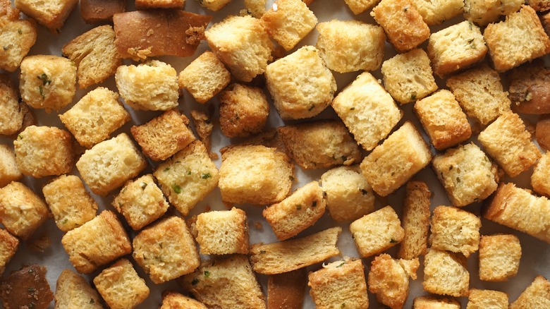 Croutons on parchment paper