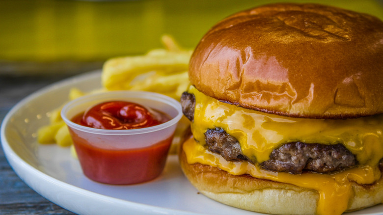Cheeseburger with french fries and side of ketchup.