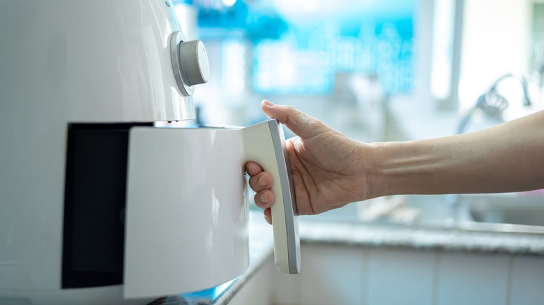 person preparing to cook with air fryer